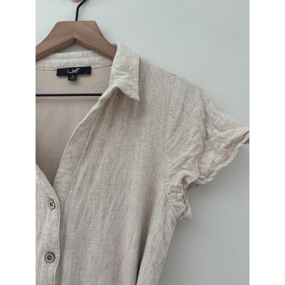 Lulus Italian Summer Linen Midi Dress Womens Medium Beige Button Front Tie Waist - Picture 6 of 13